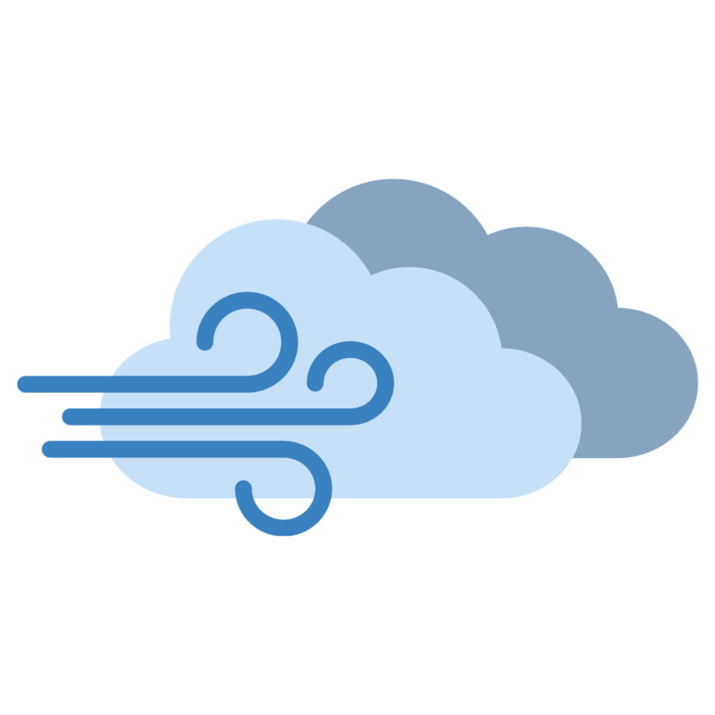 A cartoon image showing two clouds and a gust of wind.