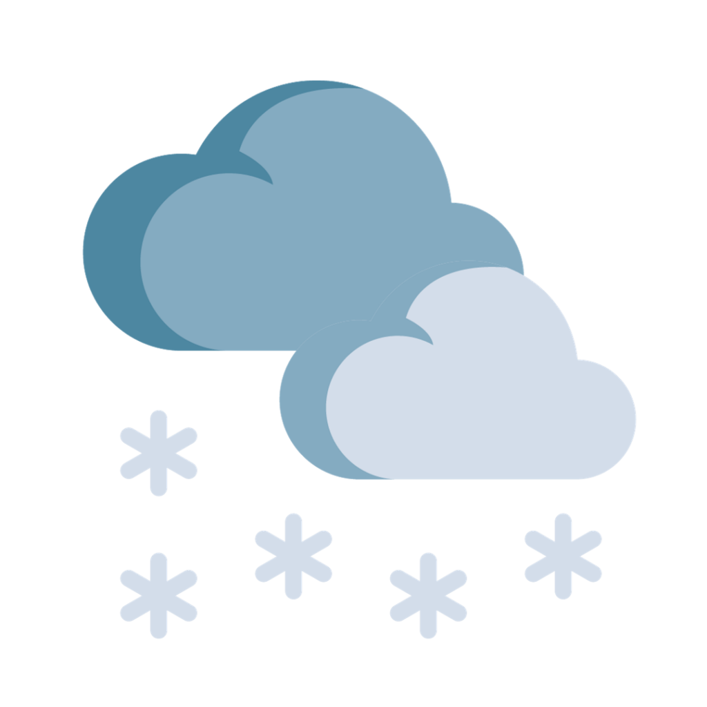 A cartoon image showing two grey clouds and some snow drops falling from them.