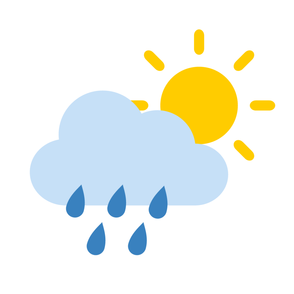 A cartoon image showing a sun with a cloud in front of it with raindrops.