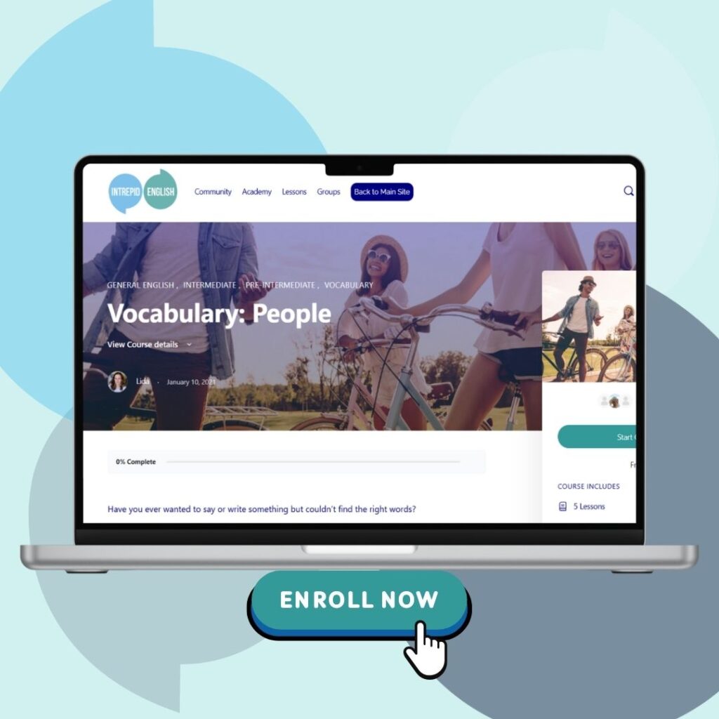 A laptop screen is open on the front page of the Vocabulary: People course in the Intrepid English Academy.